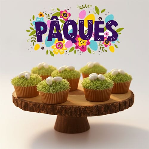 Cupcakes de Pâques sans noix avec glaçage "herbe" verte et œufs en sucre sur un support en bois rustique par Sugar Rush Cakes Montréal.